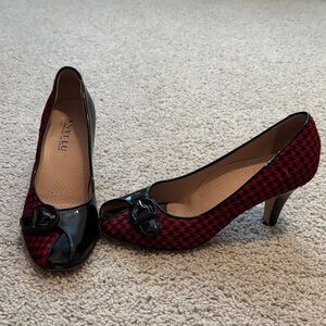 Anyi Lu Res and Black Houndstooth Peep-Toe Heels. Made In Italy.
